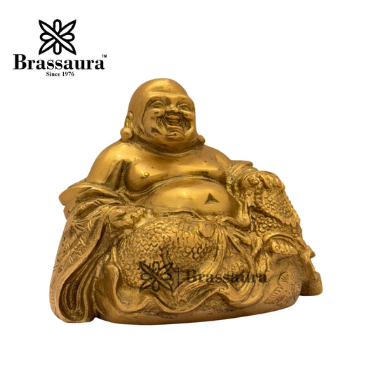 Brassaura® Brass Laughing Buddha Idol for Home Decor | Pure Superfine Brass Handcrafted Murti | Brass Statue for Home Temple, Pooja Room | Height 3.94 Inches | Weight 1.3 Kg