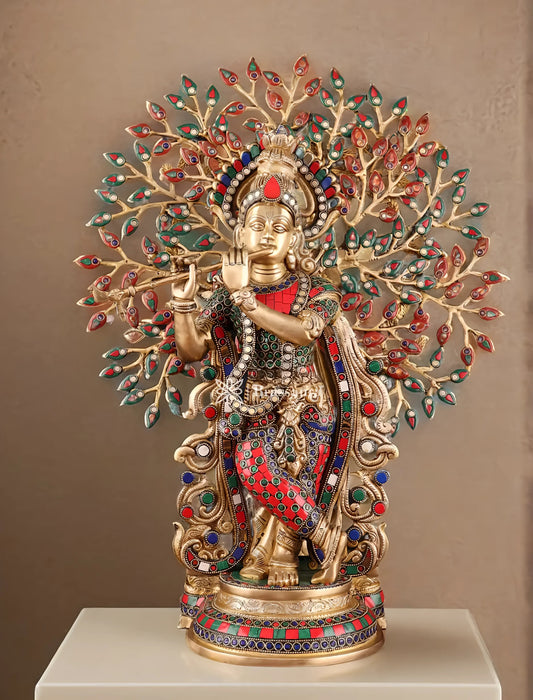 Brassaura™ Brass Krishna under Kalpavriksha with Stonework – Height 23 Inches & Weight 14.5 Kgs