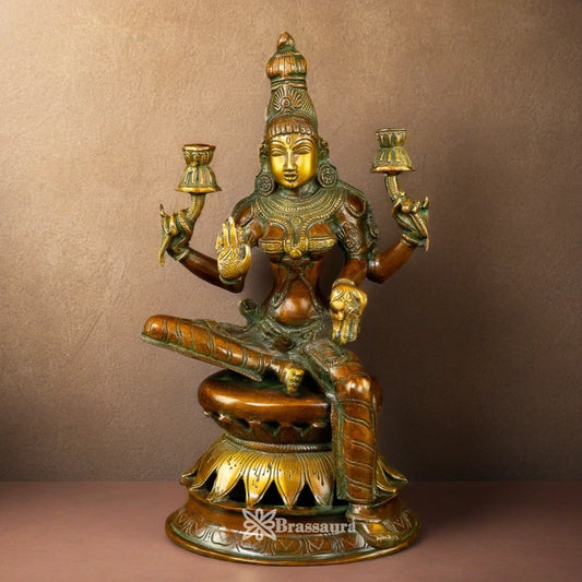 Brassaura™ Handcrafted Brass Laxmi Idol – Height 12 Inches & Weight 3.8 Kgs | Devotional Statue
