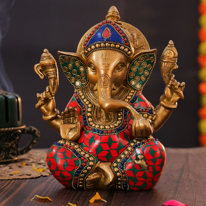 Brassaura® Brass Ganesha Statue for Home Temple Decor | Height 8 Inches