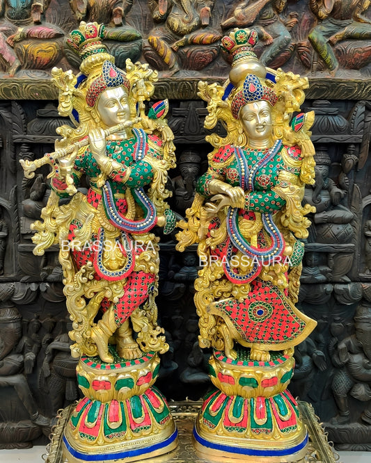 Brassaura™ Brass Gem Stone Work Radha-Krishna Idol – Height 30 Inches & Weight 35 Kgs | Premium Devotional Sculpture