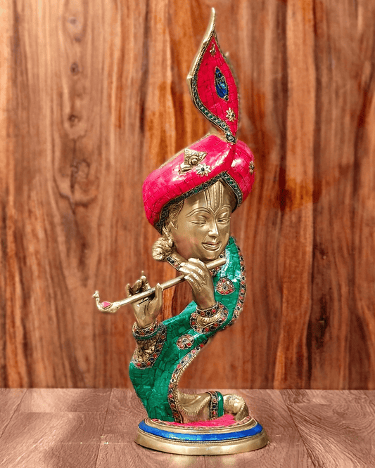 Brassaura™ Aatma Krishna Brass Idol | Pure Brass with Meenakari Stonework | Height 20 Inches & Weight 7.2 Kgs