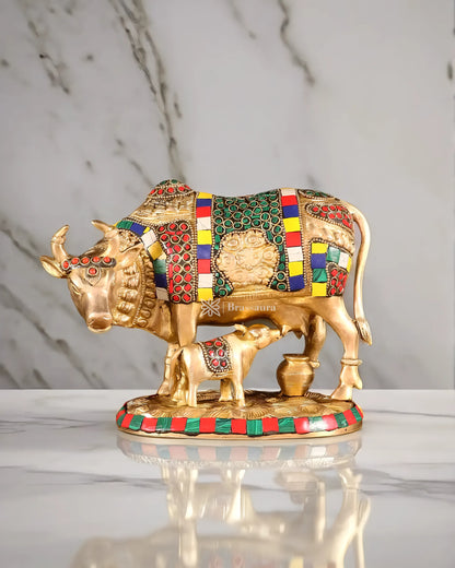 Brassaura™ Brass Kamdhenu Cow with Calf – Meenakari Stonework | 7 Inches Height | 3.25 Kgs Weight | Symbol of Prosperity & Protection