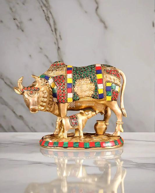 Brassaura™ Brass Kamdhenu Cow with Calf – Meenakari Stonework | 7 Inches Height | 3.25 Kgs Weight | Symbol of Prosperity & Protection