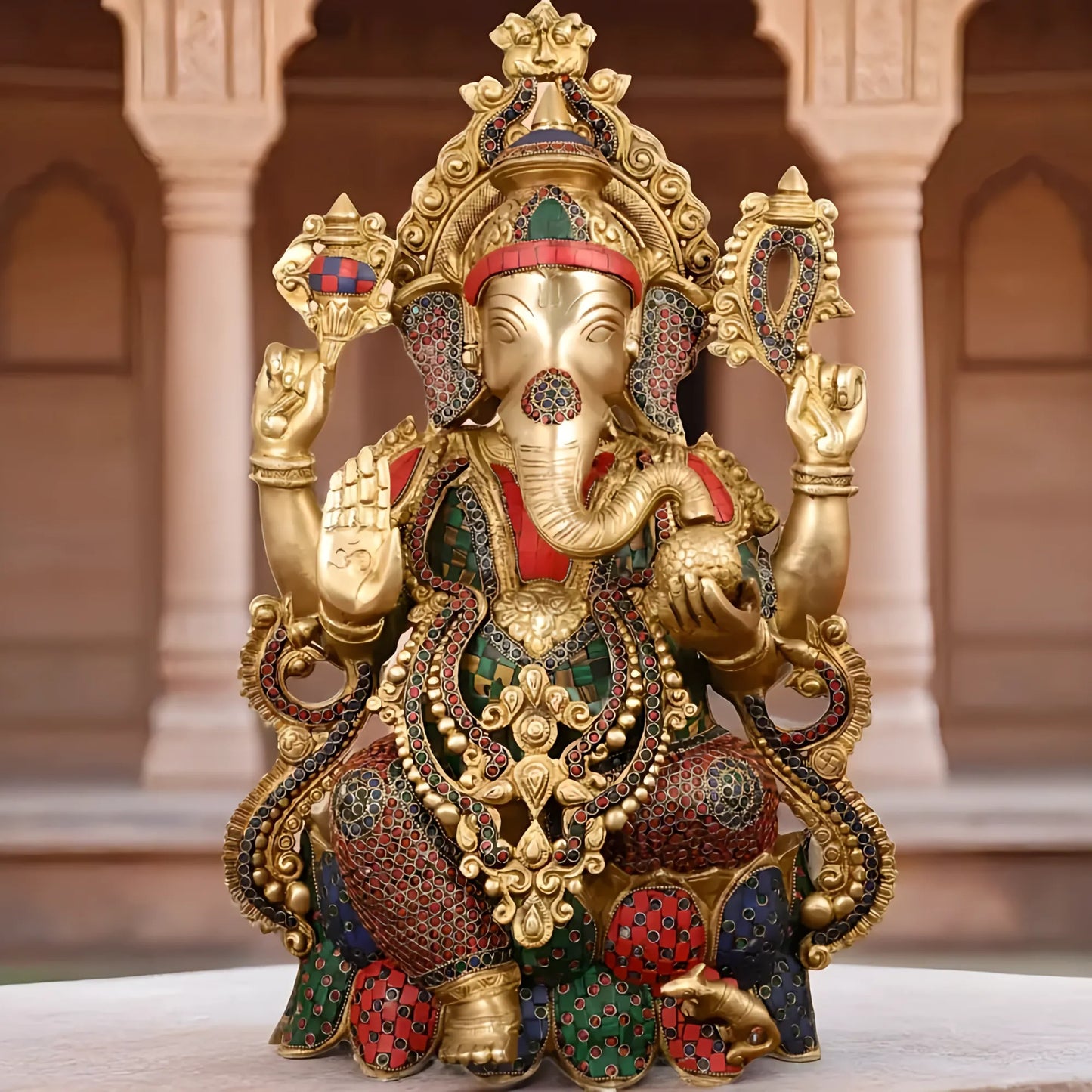 Brassaura™ Pure Brass Lord Ganesha Seated on Lotus | Handcrafted Stonework Idol | Weight 22 Kgs | Height 21 Inches