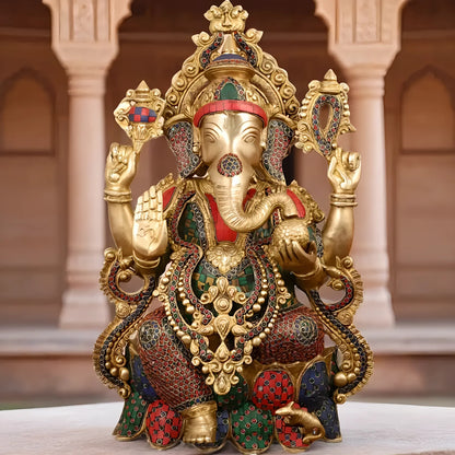 Brassaura™ Pure Brass Lord Ganesha Seated on Lotus | Handcrafted Stonework Idol | Weight 22 Kgs | Height 21 Inches