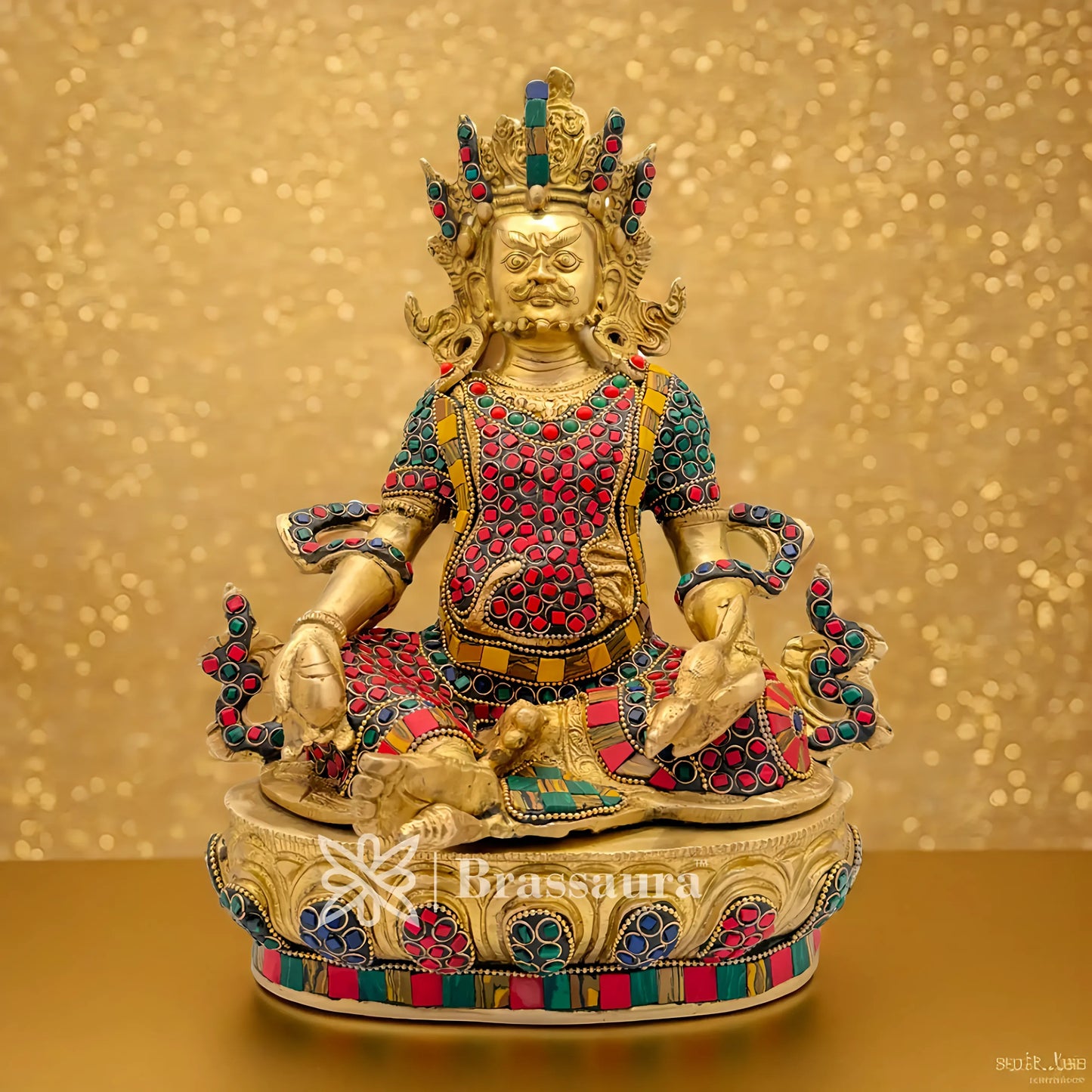 Brassaura™ Brass Gem Stone Work Kuber Idol – Height 12.4 Inches & Weight 5 Kgs | Vedic Home Altar Décor