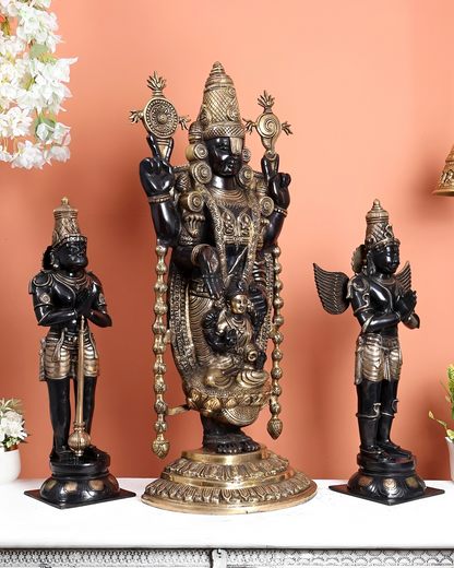 Brassaura® Brass Tirupati Balaji with Hanuman & Garuda Statue Set | Height 34.5 Inches