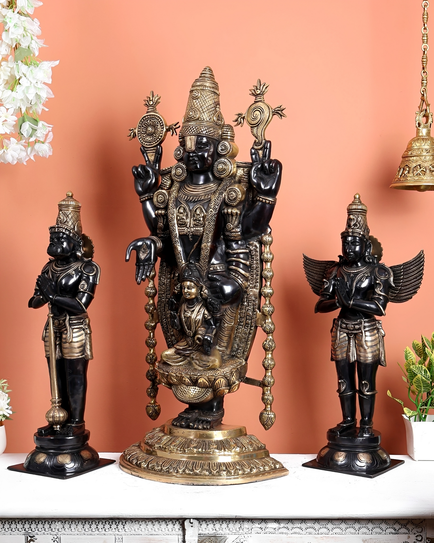 Brassaura® Brass Tirupati Balaji with Hanuman & Garuda Statue Set | Height 34.5 Inches