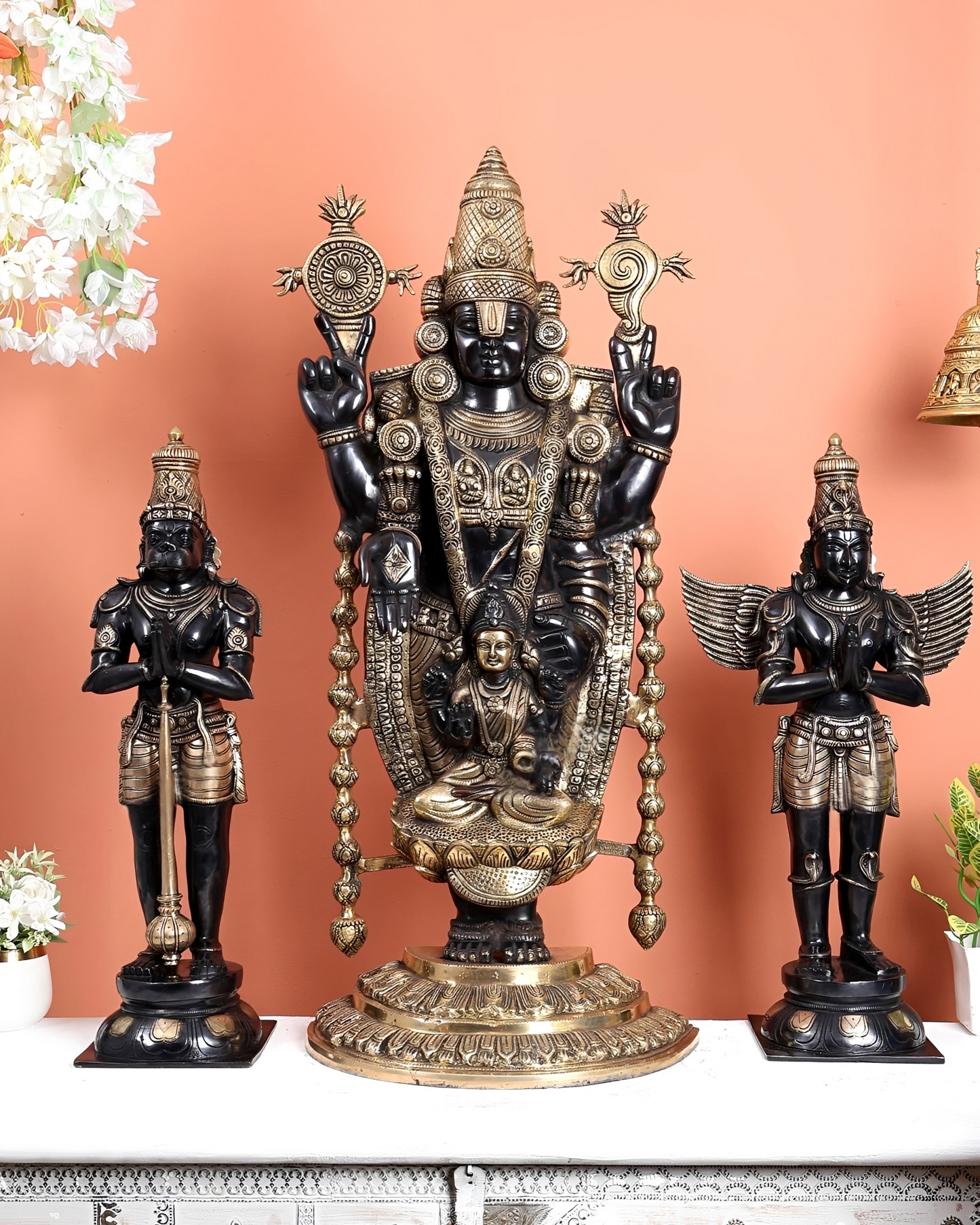 Brassaura® Brass Tirupati Balaji with Hanuman & Garuda Statue Set | Height 34.5 Inches