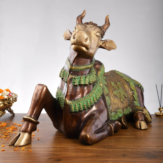 Brassaura® Antique Brass Large Nandi Sculpture – Height 21.5 Inches & Weight 30 Kgs | Traditional Temple Idol