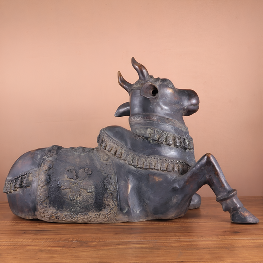 Brassaura™ Antique Brass Nandi Sculpture – Height 21.5" & Weight 30 Kgs | Sand & Rustic Green Patina Finish