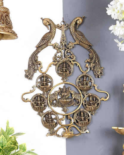 Brassaura® Premium Brass Ashtalakshmi Wall Hanging with Diya | Handcrafted Auspicious Temple Wall Décor Featuring Eight Forms of Goddess Lakshmi | Height 18.5 Inches | Weight 3.05 Kgs
