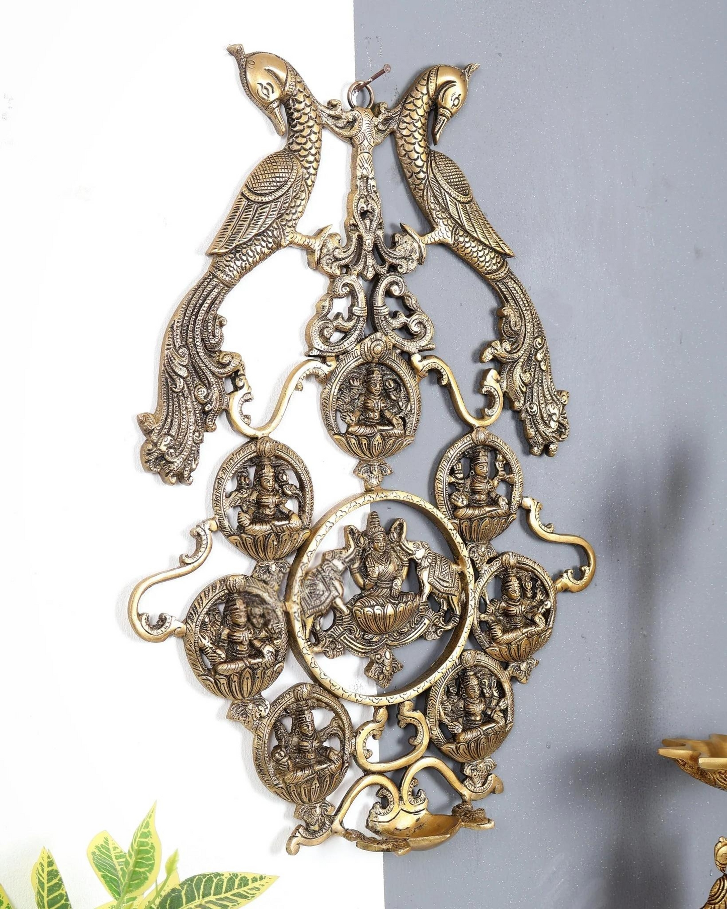 Brassaura® Premium Brass Ashtalakshmi Wall Hanging with Diya | Handcrafted Auspicious Temple Wall Décor Featuring Eight Forms of Goddess Lakshmi | Height 18.5 Inches | Weight 3.05 Kgs