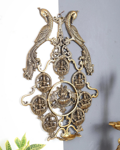 Brassaura® Premium Brass Ashtalakshmi Wall Hanging with Diya | Handcrafted Auspicious Temple Wall Décor Featuring Eight Forms of Goddess Lakshmi | Height 18.5 Inches | Weight 3.05 Kgs