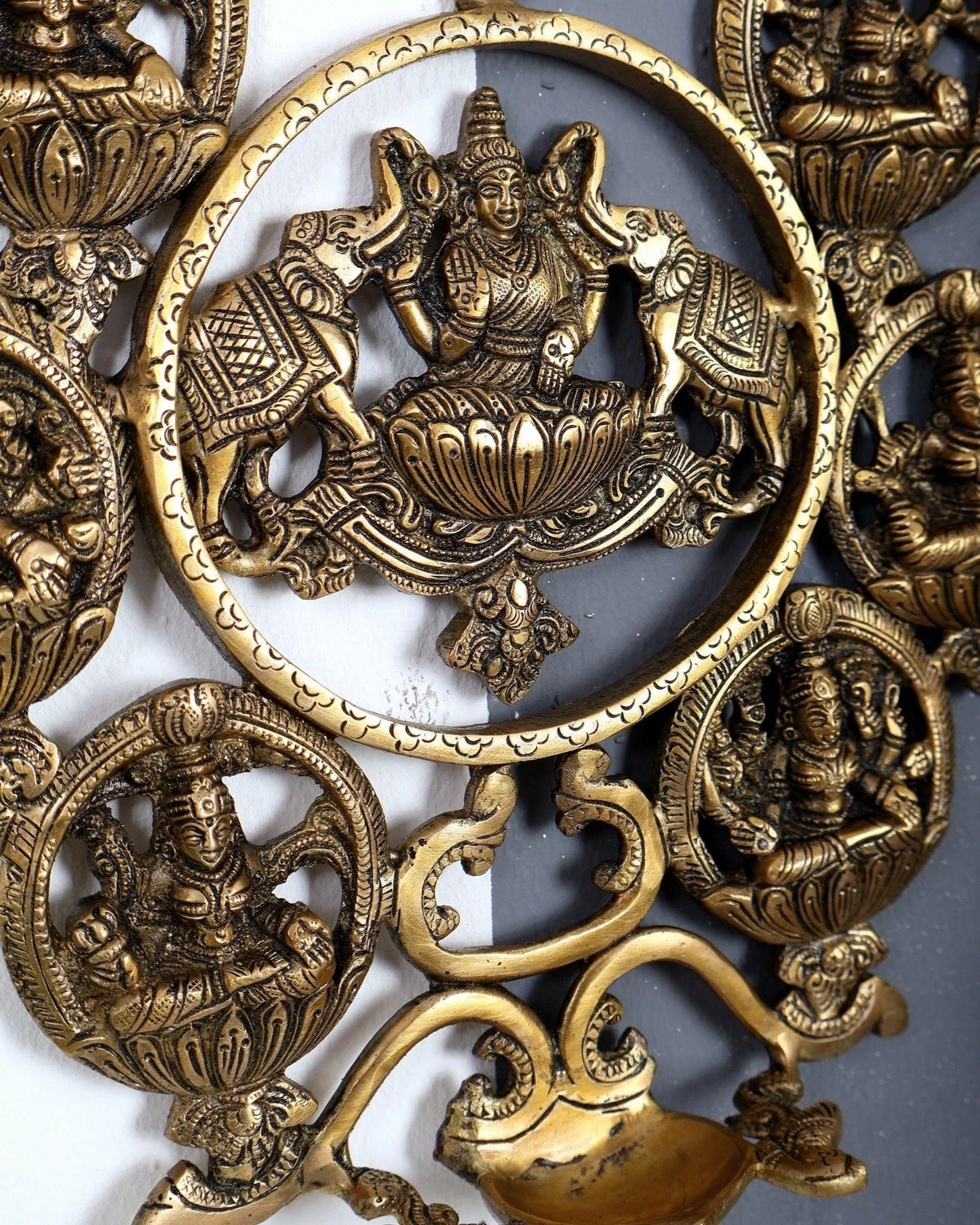 Brassaura® Premium Brass Ashtalakshmi Wall Hanging with Diya | Handcrafted Auspicious Temple Wall Décor Featuring Eight Forms of Goddess Lakshmi | Height 18.5 Inches | Weight 3.05 Kgs