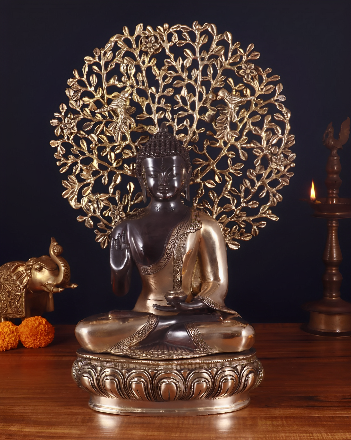 Brass Blessing Buddha Tree Statue Weight 11.98 kg & Height 14.5 Inch