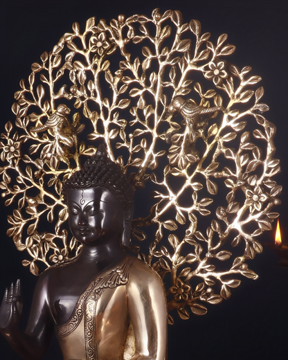 Brass Blessing Buddha Tree Statue Weight 11.98 kg & Height 14.5 Inch