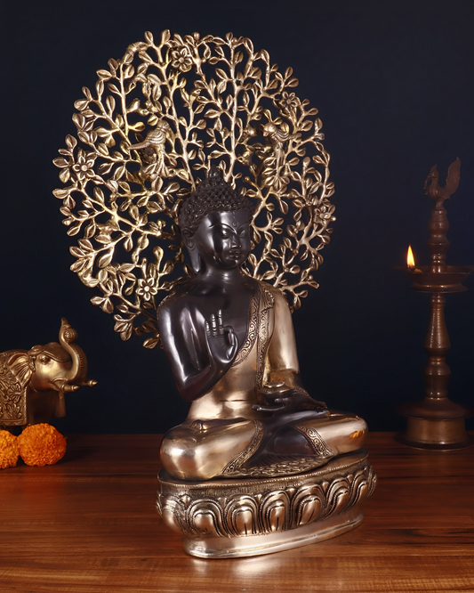 Brassaura™ Brass Buddha With Tree – Height 20 Inches & Weight 11.98 Kgs | Elegant Buddha Statue Under Tree for Home & Temple