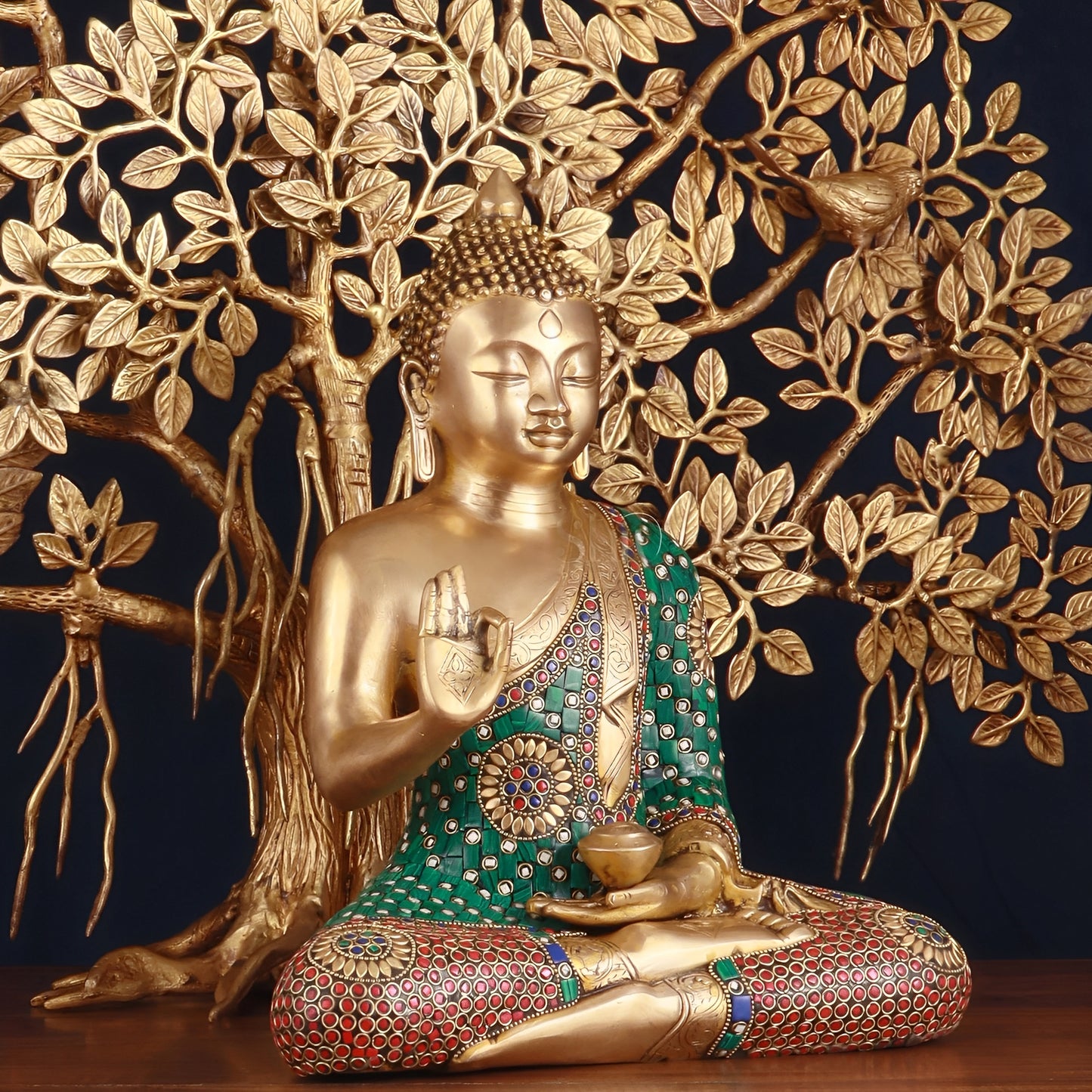 Brass Gem Stone Work Blessing Buddha Statue Weight 8 kg Kalpavriksha Tree 18 kg