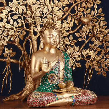 Brass Gem Stone Work Blessing Buddha Statue Weight 8 kg Kalpavriksha Tree 18 kg