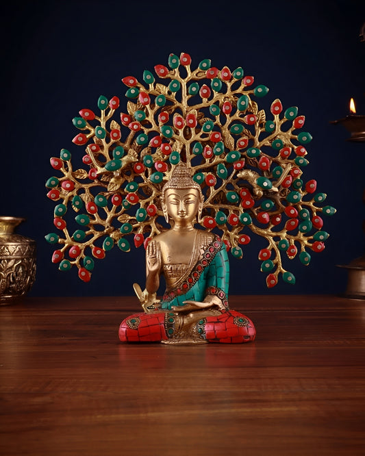 Brass Gem Stone Work Tree Blessing Buddha Statue Weight 3.2 kg