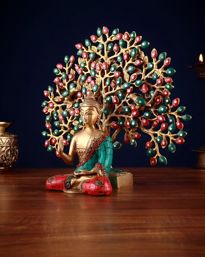 Brass Gem Stone Work Tree Blessing Buddha Statue Weight 3.2 kg