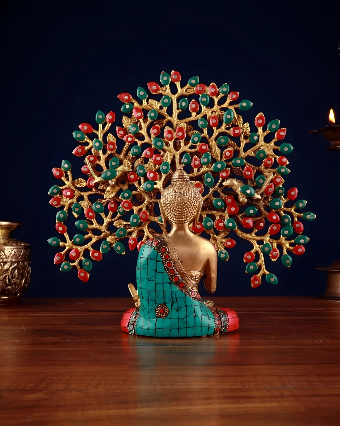 Brass Gem Stone Work Tree Blessing Buddha Statue Weight 3.2 kg