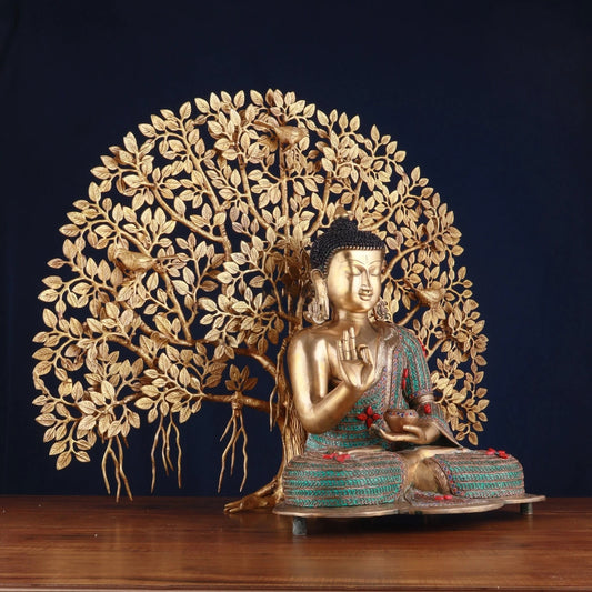 Brassaura™ Brass Gem Stone Work Buddha With Kalpavriksha Tree – Weight 38 Kgs | Exquisite Handcrafted Brass Artwork for Spiritual Spaces