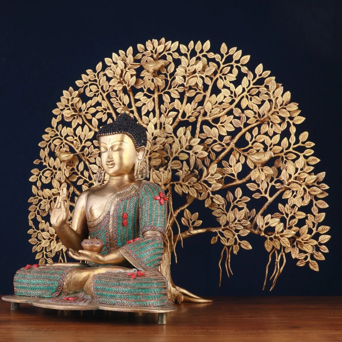 Brass Gem Stone Work Blessing Buddha Statue Weight 20 kg & Kalpavriksha Tree 18 kg