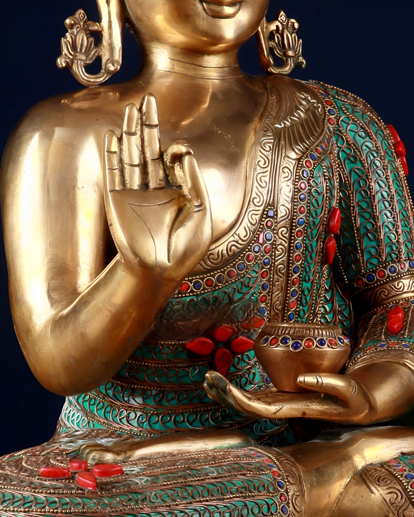Brass Gem Stone Work Blessing Buddha Statue Weight 20 kg & Height 20 Inch