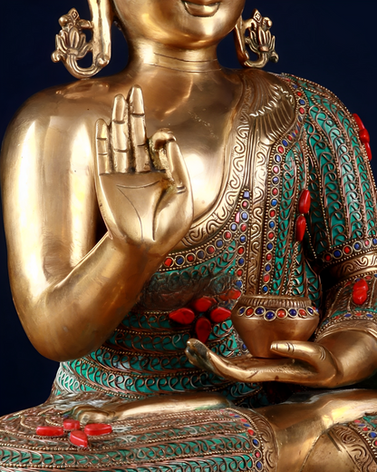 Brass Gem Stone Work Blessing Buddha Statue Weight 20 kg & Height 20 Inch