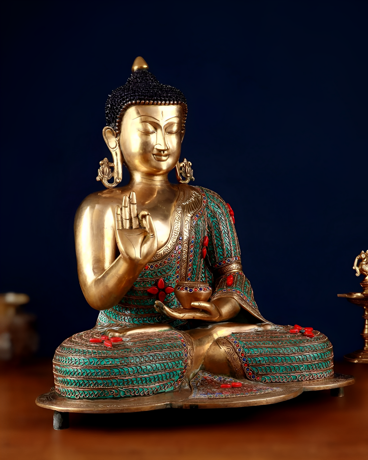 Brass Gem Stone Work Blessing Buddha Statue Weight 20 kg & Height 20 Inch