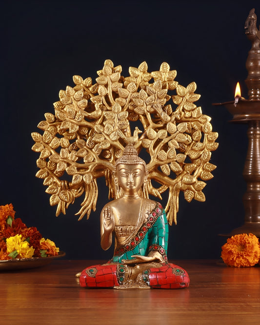 Brass Gem Stone Work Blessing Buddha Statue Weight 1.2 kg With Kalpavriksha Tree