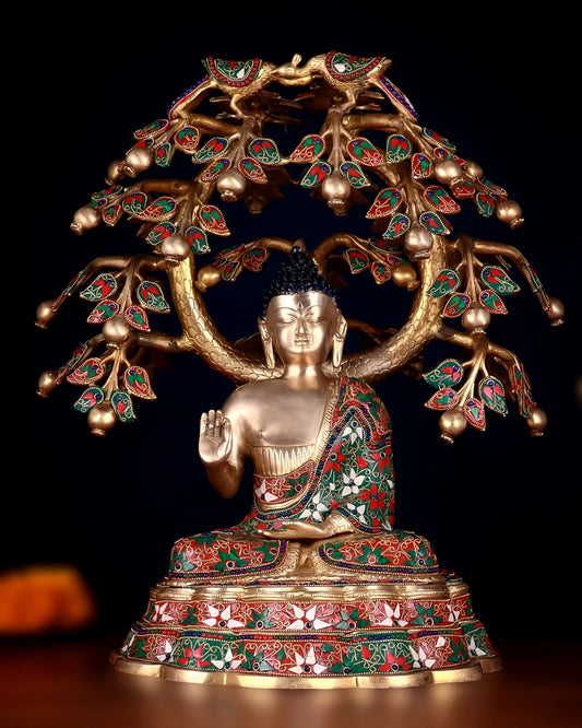 Brass Gem Stone Work Antique Blessing Buddha Tree Statue Weight 22.96 kg & Height 19.5 Inch