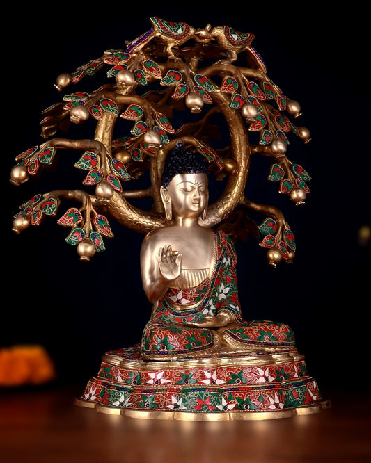 Brassaura™ Brass Gem Stone Work Buddha With Tree – Height 19.5 Inches & Weight 22.96 Kgs | Traditional Brass Sculpture for Spiritual Ambience