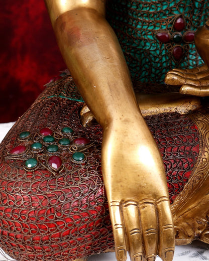 Brassaura® Buddha Crown Bhumisparsha Mudra Idol with Golden & Multi-Color Inlay Finish | Pure Superfine Brass Handcrafted Murti | Brass Statue for Home Temple, Pooja Room | Height 22 Inches | Weight 23.78 Kgs