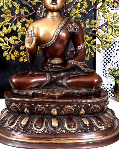 Brassaura® Buddha Meditation Idol with Kalpavriksha Tree and Three-Tone Heat-Treated Finish | Pure Superfine Brass Handcrafted Murti | Brass Statue for Home Temple, Pooja Room | Height 26 Inches | Weight 23.5 Kgs