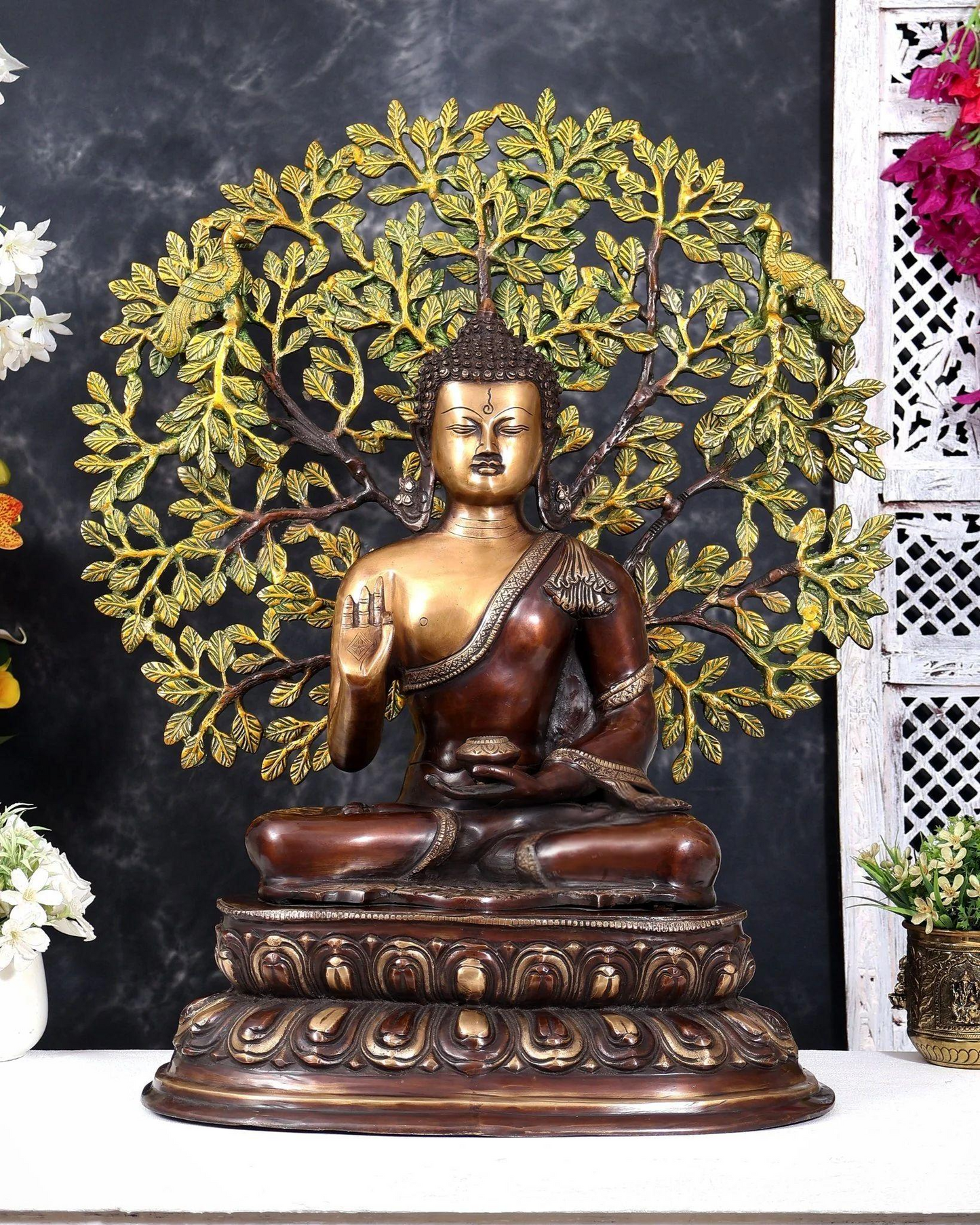 Brassaura® Buddha Meditation Idol with Kalpavriksha Tree and Three-Tone Heat-Treated Finish | Pure Superfine Brass Handcrafted Murti | Brass Statue for Home Temple, Pooja Room | Height 26 Inches | Weight 23.5 Kgs