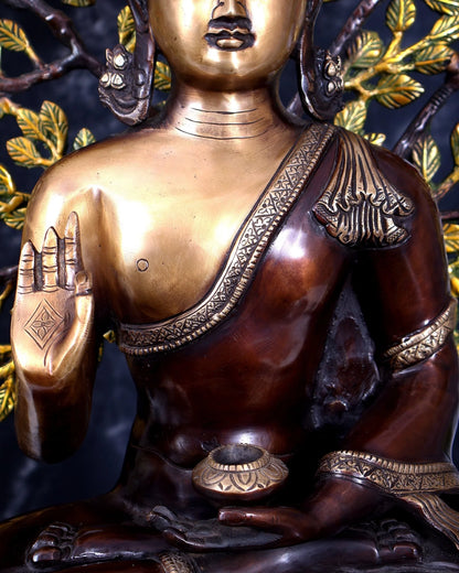 Brassaura® Buddha Meditation Idol with Kalpavriksha Tree and Three-Tone Heat-Treated Finish | Pure Superfine Brass Handcrafted Murti | Brass Statue for Home Temple, Pooja Room | Height 26 Inches | Weight 23.5 Kgs