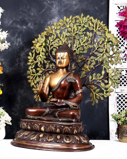 Brassaura® Buddha Meditation Idol with Kalpavriksha Tree and Three-Tone Heat-Treated Finish | Pure Superfine Brass Handcrafted Murti | Brass Statue for Home Temple, Pooja Room | Height 26 Inches | Weight 23.5 Kgs