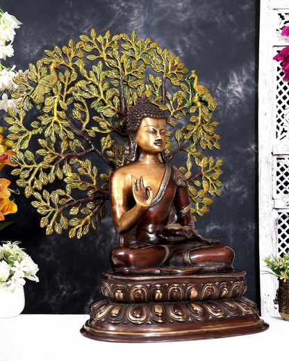 Brassaura® Buddha Meditation Idol with Kalpavriksha Tree and Three-Tone Heat-Treated Finish | Pure Superfine Brass Handcrafted Murti | Brass Statue for Home Temple, Pooja Room | Height 26 Inches | Weight 23.5 Kgs