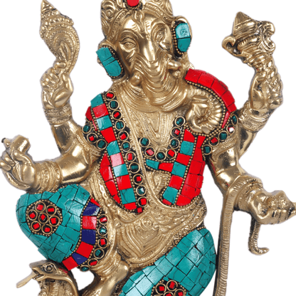 Brassaura® Brass Dancing Ganesha Wall Hanging with Snake & Stonework | Height 10 Inches & Weight 2 Kgs