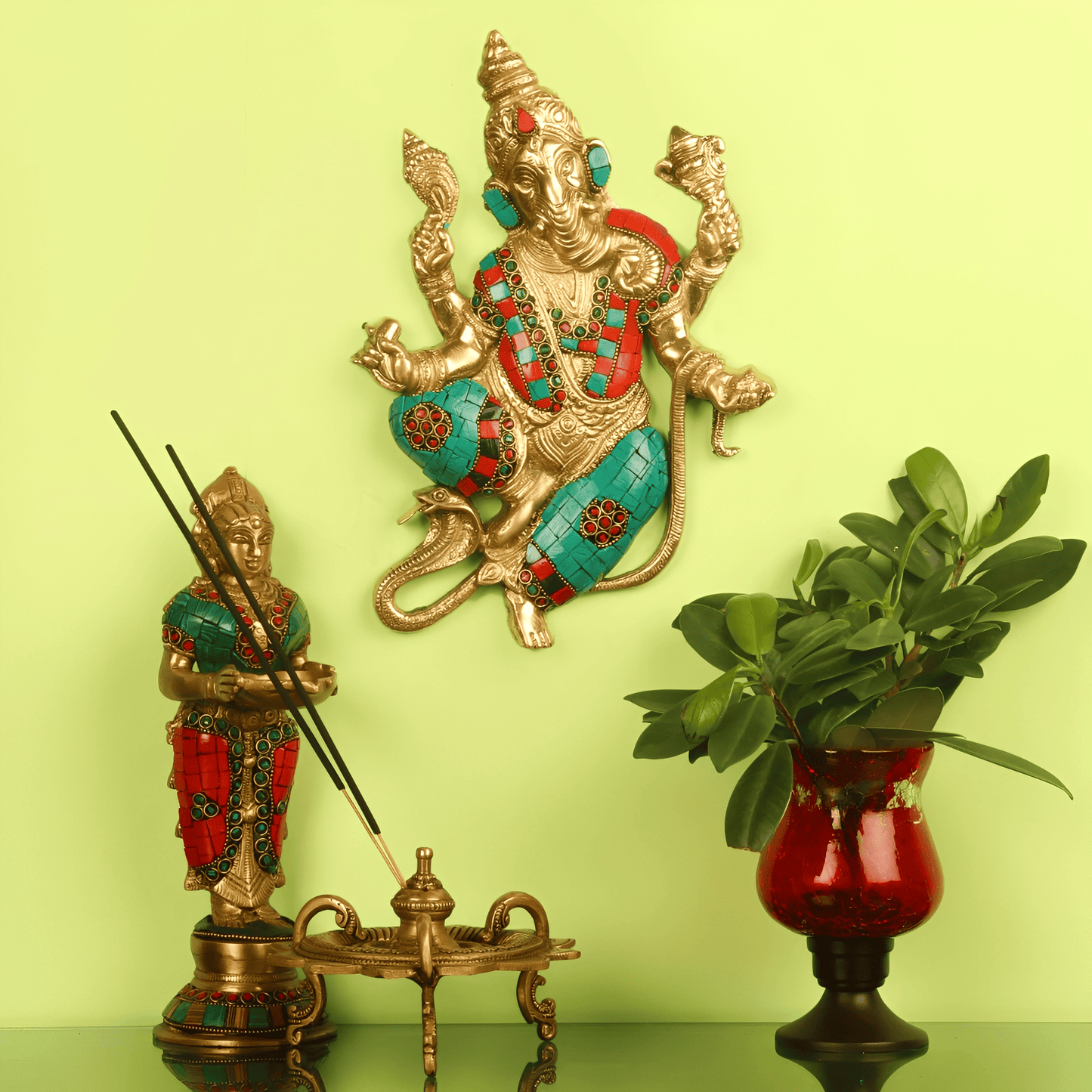 Brassaura® Brass Dancing Ganesha Wall Hanging with Snake & Stonework | Height 10 Inches & Weight 2 Kgs