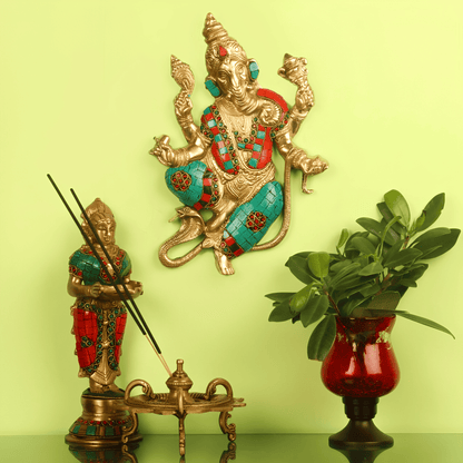 Brassaura® Brass Dancing Ganesha Wall Hanging with Snake & Stonework | Height 10 Inches & Weight 2 Kgs