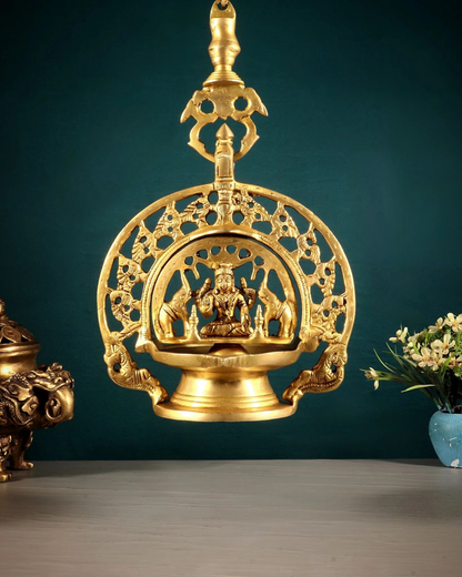 Brassaura® Hanging Lakshmi Brass Diya with Chain | Handcrafted Traditional Temple Lamp | Height 13 Inches & Weight 2.63 Kgs