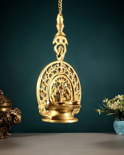 Brassaura® Hanging Lakshmi Brass Diya with Chain | Handcrafted Traditional Temple Lamp | Height 13 Inches & Weight 2.63 Kgs