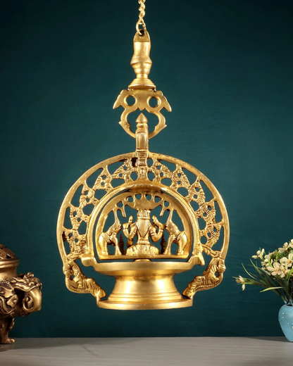 Brassaura® Hanging Lakshmi Brass Diya with Chain | Handcrafted Traditional Temple Lamp | Height 13 Inches & Weight 2.63 Kgs