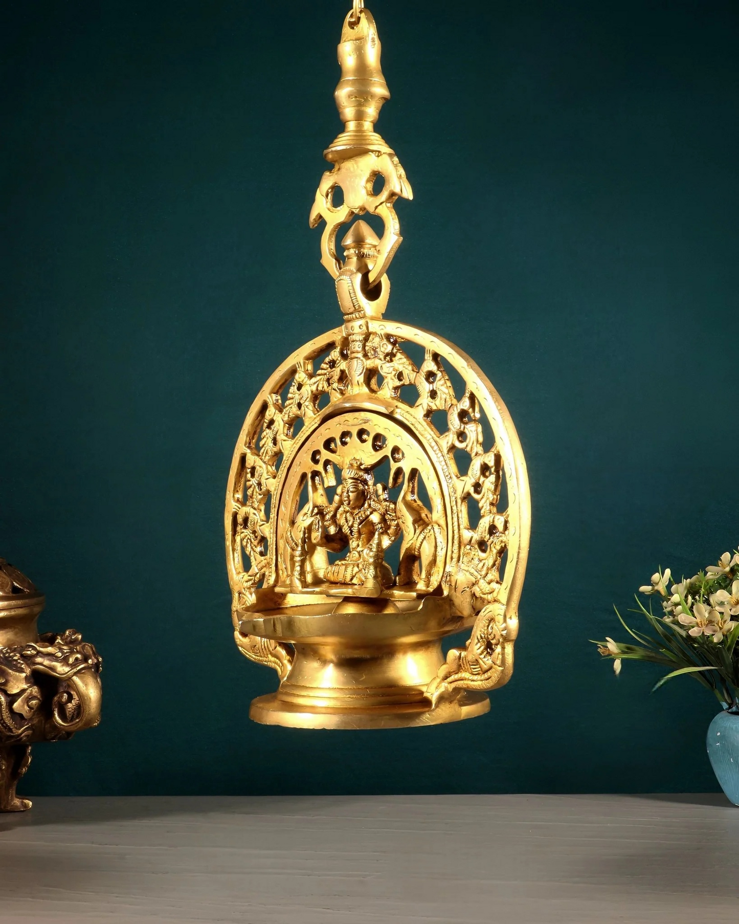 Brassaura® Hanging Lakshmi Brass Diya with Chain | Handcrafted Traditional Temple Lamp | Height 13 Inches & Weight 2.63 Kgs