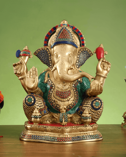 Brassaura™ Brass Lord Ganapathi with Mooshak & Kalash Statue | Height 16 Inches & Weight 14 Kgs
